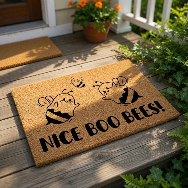 A door mat with a playful design featuring cartoon-style bees and the text "NICE BOO BEES!"