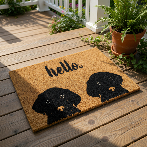 A black dog silhouette on a door mat with the word "Hello" written above it.