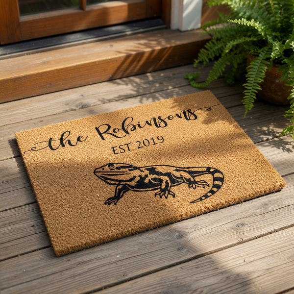 A black and white illustration of a lizard on a textured surface, with the text "The Robinsons EST 2019" printed above it.