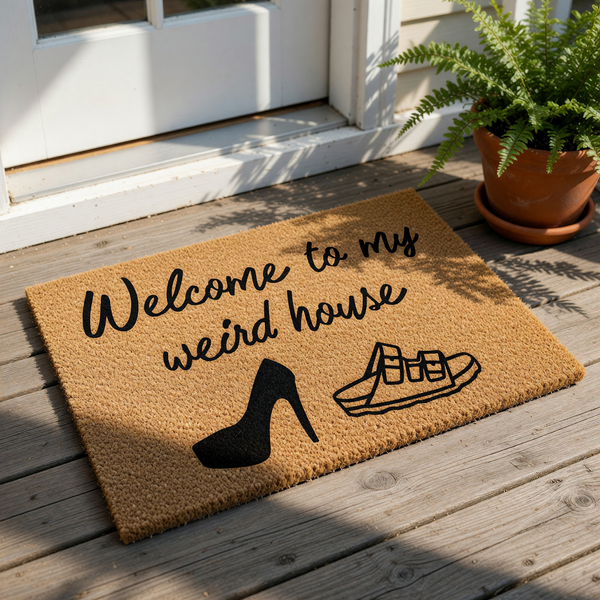 a textured area rug with a humorous message printed on it.