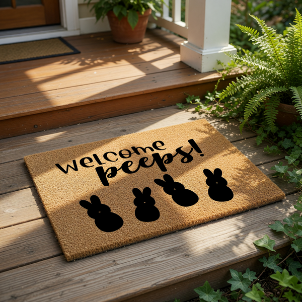 A mat with the text "Welcome peeps!" and four black bunny silhouettes.