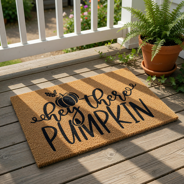 A textured door mat with the phrase "hey there PUMPKIN" printed on it.