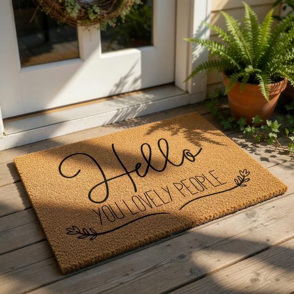 A textured area rug with the phrase "Hello You Lovely People" printed on it.