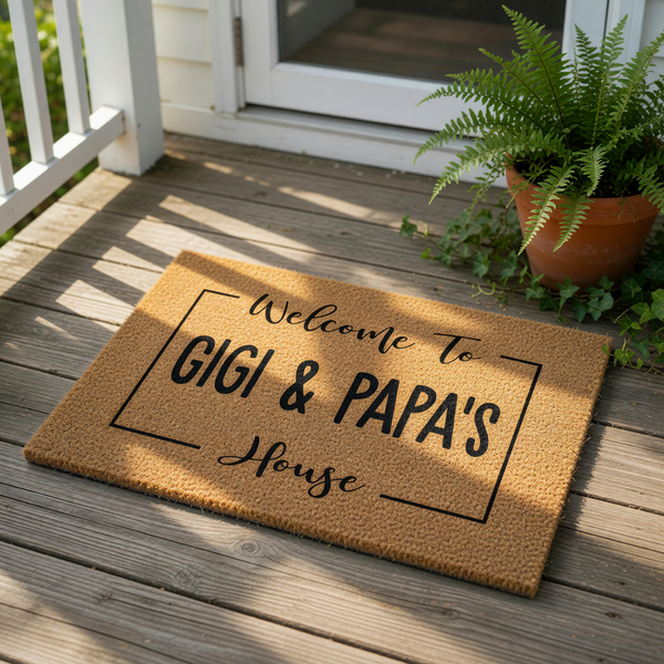 A welcome mat with the text "Welcome To Nana & Papa's House" printed on it.
