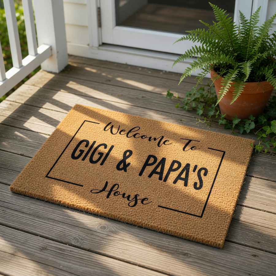A welcome mat with the text "Welcome To Nana & Papa's House" printed on it.