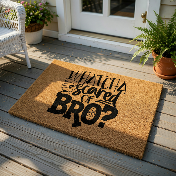 A textured door mat with a humorous text printed on it.