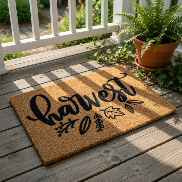 a textured door mat with the word "harvest" written on it in a decorative black cursive font.