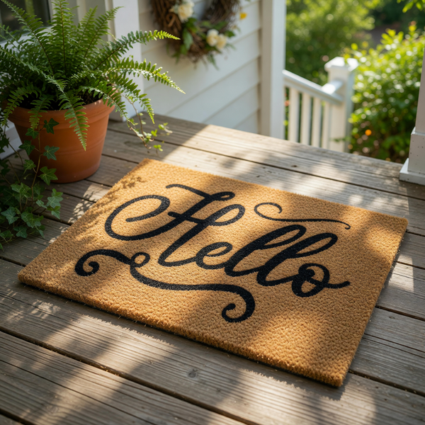A decorative doormat with the word "Hello" written on it in a cursive font.