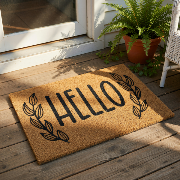 A decorative welcome mat with the word "HELLO" printed on it, surrounded by leaf-like designs.