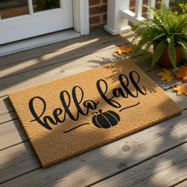 A textured door mat with the phrase "Hello Fall" written on it in a decorative font.
