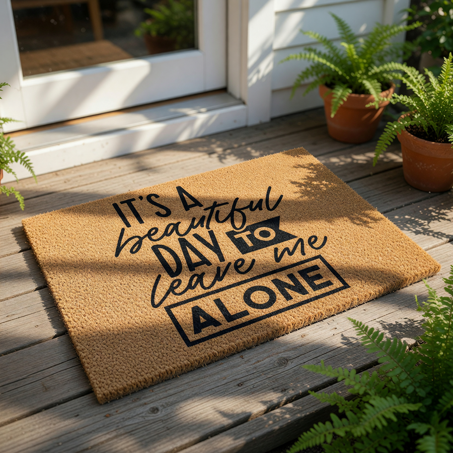 a door mat with a motivational quote, "It's a beautiful day to leave me alone", accompanied by a small potted plant.