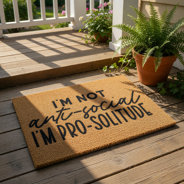 a textured door mat with the phrase "I'm not anti-social I'm pro-solitude" printed on it.