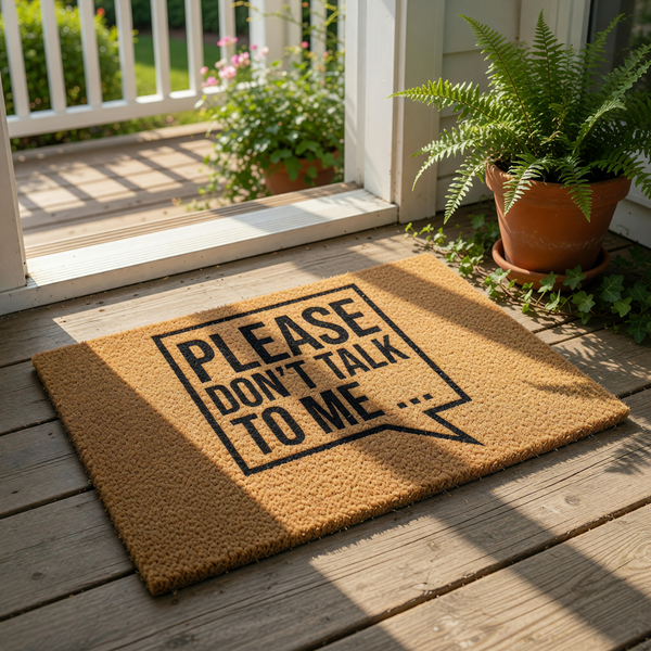 A textured area rug with a speech bubble design that says "PLEASE DON'T TALK TO ME..."