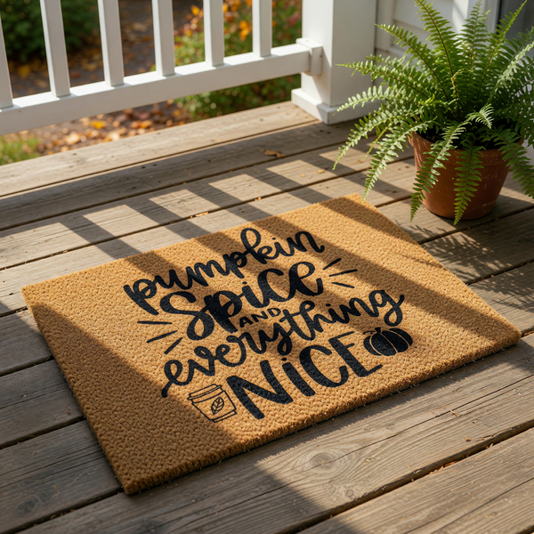 A textured door mat with the phrase "pumpkin spice and everything nice" printed on it.
