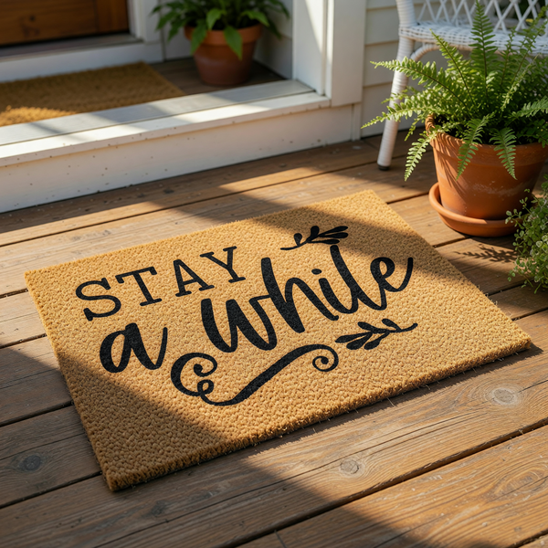 A wooden doormat with the text "STAY A WHILE" written on it, along with a pair of sandals and some greenery.