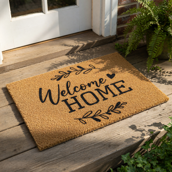 A welcome mat with the text "Welcome Home" printed on it, along with decorative leaves and a plant.