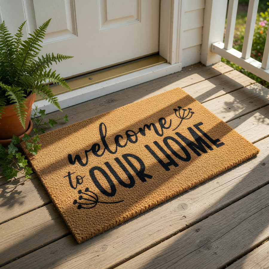 A welcome mat with the text "welcome to our home" printed on it.