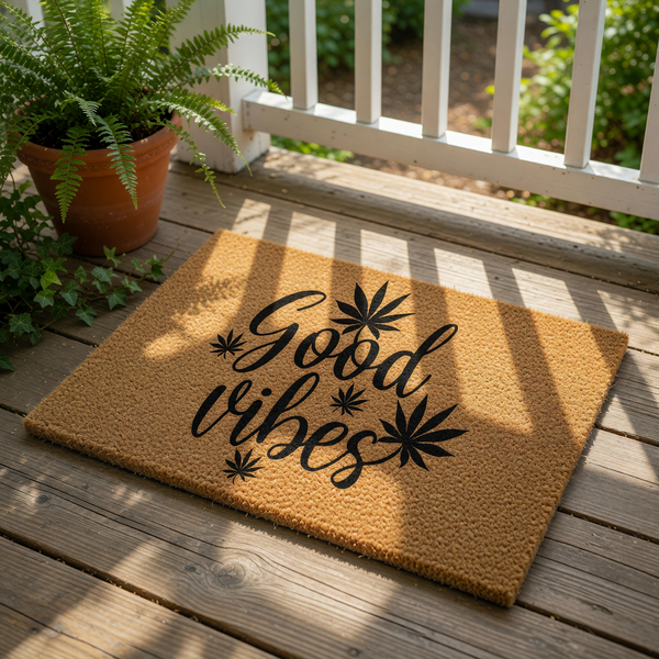 A textured area rug with the phrase "Good vibes" printed on it, surrounded by black leaf-like shapes.