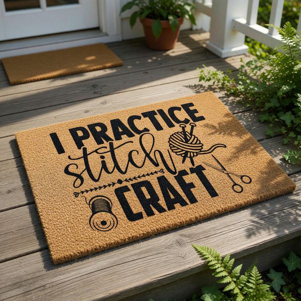 A door mat with the text "I PRACTICE STITCH CRAFT" printed on it, along with various sewing-related icons such as a needle, thread, and scissors.