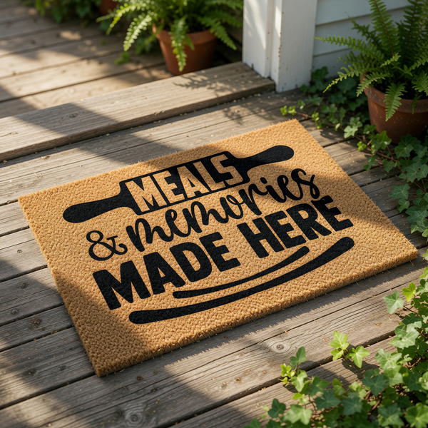 a textured area rug with the phrase "MEALS & MEMORIES MADE HERE" printed on it, along with a pair of feet positioned in front of the rug.