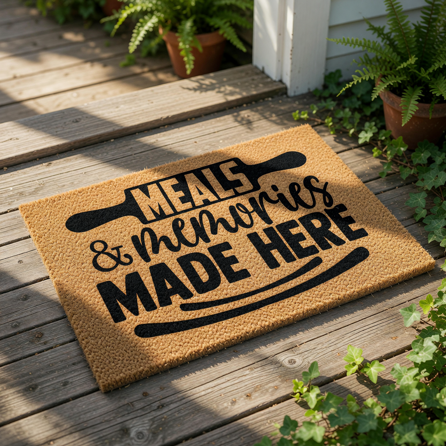 a textured area rug with the phrase "MEALS & MEMORIES MADE HERE" printed on it, along with a pair of feet positioned in front of the rug.