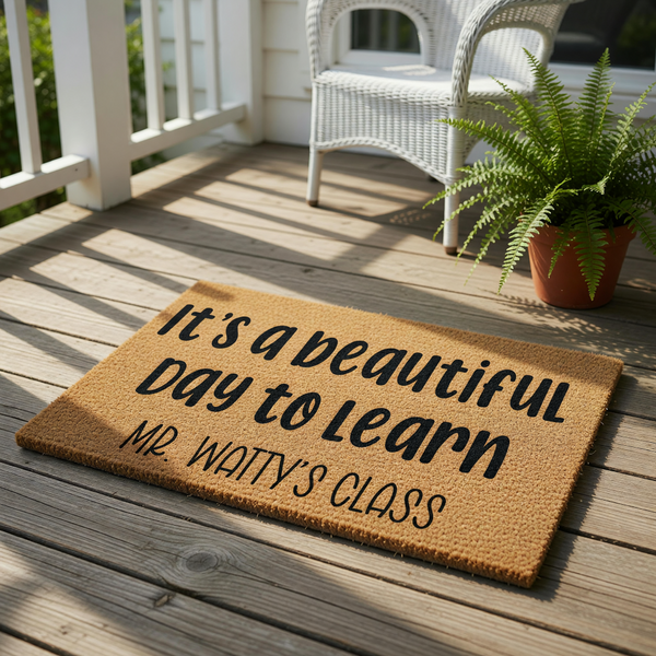 A door mat with the text "It's a beautiful day to learn Mr.