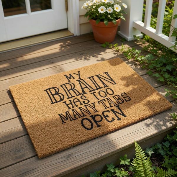 a humorous text that reads "My brain has too many tabs open", accompanied by a small potted plant on a textured surface.
