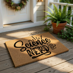A textured door mat with the phrase "Science Nerd" printed on it, along with a pair of sandals and a plant on a wooden surface.