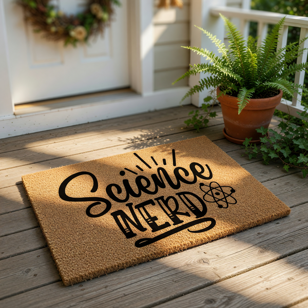 A textured door mat with the phrase "Science Nerd" printed on it, along with a pair of sandals and a plant on a wooden surface.