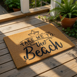 a textured area with a printed message that reads "Take me to the beach".