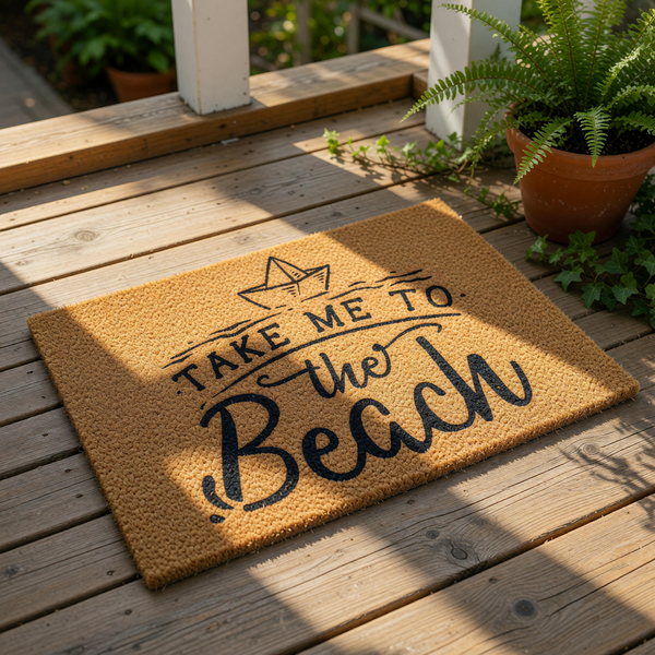 a textured area with a printed message that reads "Take me to the beach".