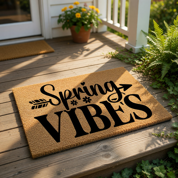 A decorative door mat with the text "Spring VIBES" printed on it, along with an arrow and floral designs.