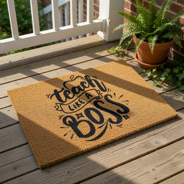 A decorative doormat with the text "teach like a boss" printed on it, along with some decorative elements.