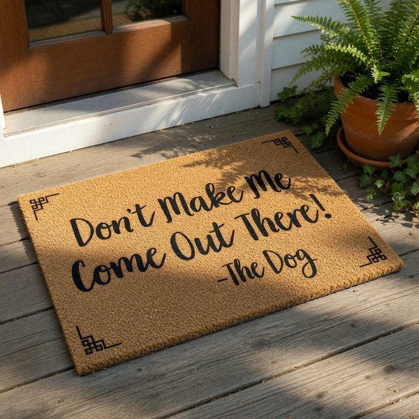 A textured doormat with a humorous message printed on it.
