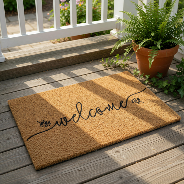 A textured, beige-colored doormat with the word "welcome" written on it in a cursive font.