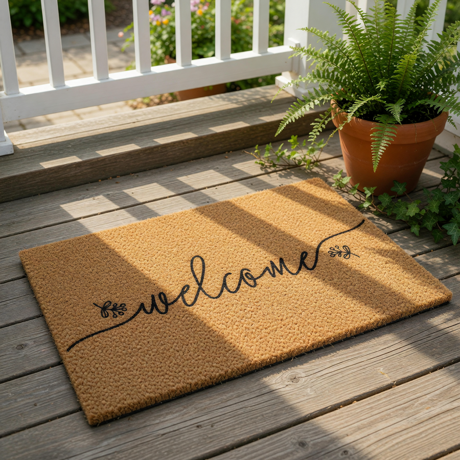 A textured, beige-colored doormat with the word "welcome" written on it in a cursive font.