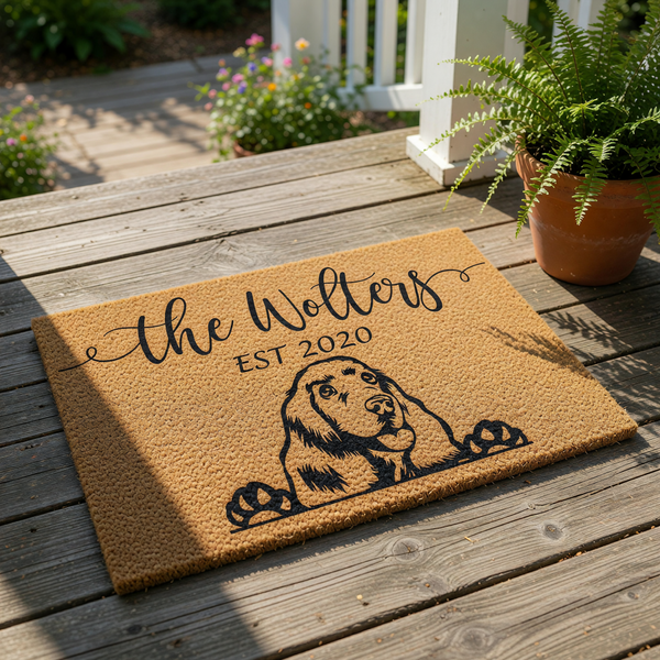 A black and white illustration of a dog's head peeking out from behind a mat with the text "the Wolters EST 2020" printed on it.