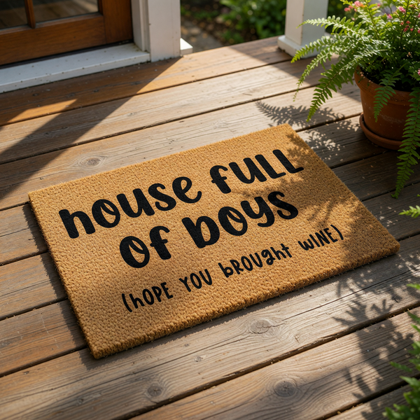A textured doormat with the phrase "house full of boys [hope you brought wine]" printed on it.
