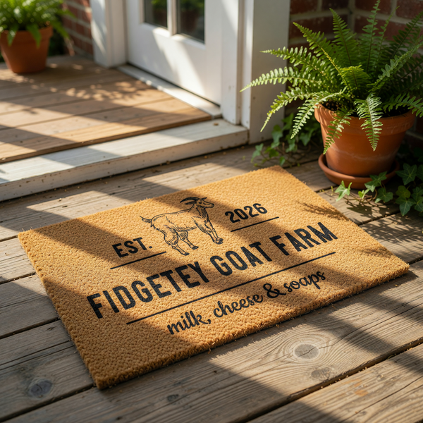 a door mat with a logo for a farm called Fidgety Goat Farm.