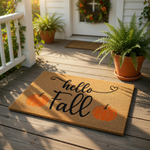 A textured door mat with the phrase "Hello Fall" written on it, along with two orange pumpkins.