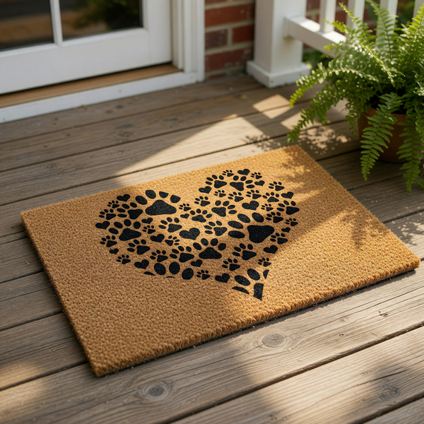 A person holding a door mat with a heart-shaped design made of paw prints.