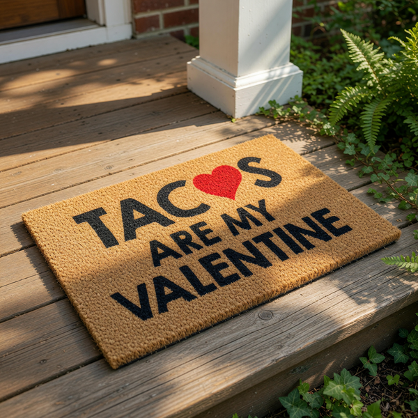 A textured doormat with the phrase "TACOS ARE MY VALENTINE" printed on it, along with a red heart symbol.