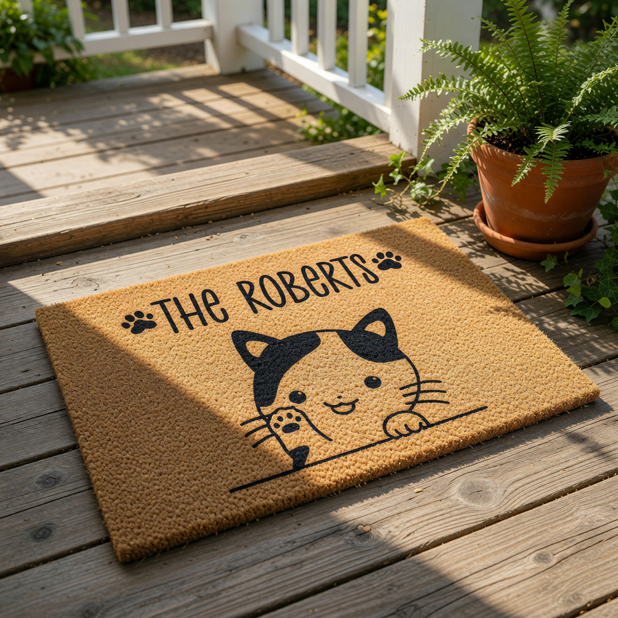 A rectangular, light brown doormat with a black and white illustration of a cat and the text "The Roberts" above it.