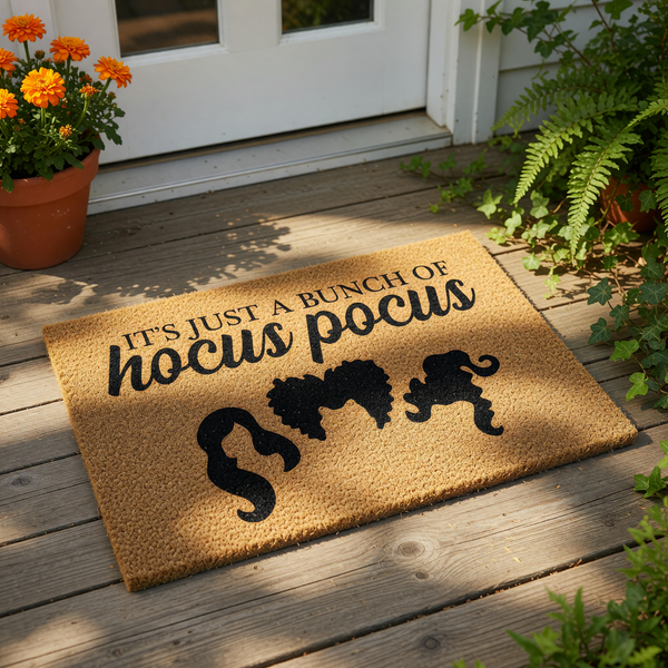 A rectangular door mat with the text "It's just a bunch of hocus pocus" printed on it.