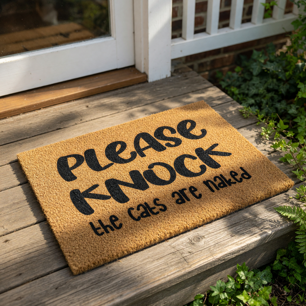 A textured doormat with the text "PLEASE KNOCK THE CATS ARE NAKED" printed on it.