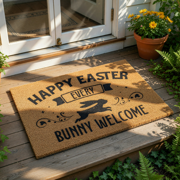 A door mat with the text "HAPPY EASTER EVERY BUNNY WELCOME" printed on it.