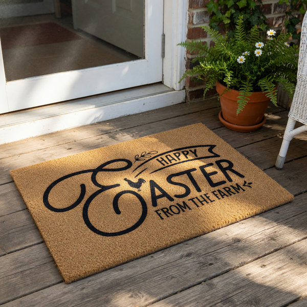 A decorative Easter-themed doormat with the text "Happy Easter from the Farm" on it, surrounded by seasonal decor items such as pumpkins, flowers, and a glass globe.