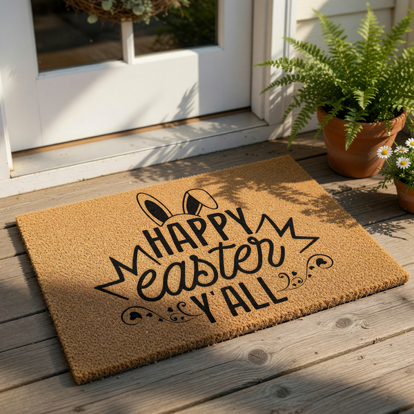 A door mat with the text "Happy Easter Y All" printed on it, surrounded by various fall decorations such as pumpkins, flowers, and a glass globe.