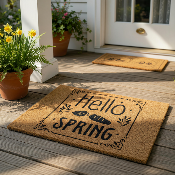 A wooden door mat with the text "Hello Spring" printed on it.