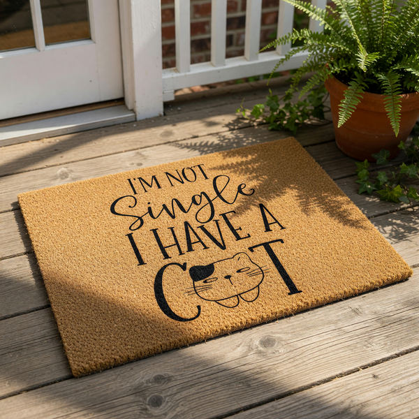 a door mat with a humorous text that reads "I'm not single, I have a cat" along with a cat illustration.